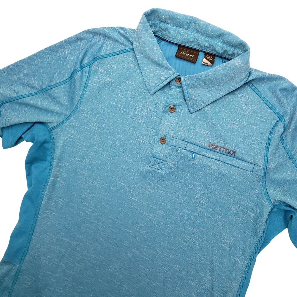 Marmot Polo Shirt Mens M Blue Solid Hiking Performance Stretch Top Zip Pocket